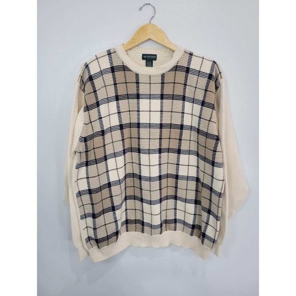 Dockers Sweater Mens XL G Plaid Knit‎ Crew Neck Long Sleeve Cotton Blend Cream